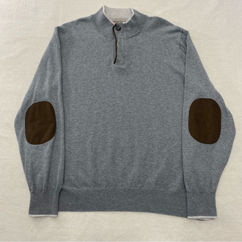 Viyella Cotton & Cashmere 1/4 Mock Neck Sweater Gray Elbow Pads - Size L